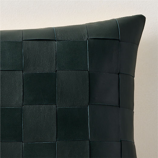 Dutton Handwoven Dark Green Leather Lumbar Pillow 22"x15"