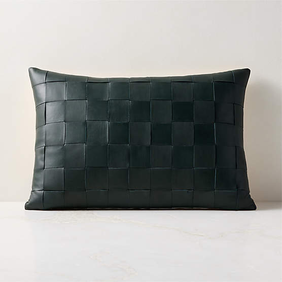 Dutton Handwoven Dark Green Leather Lumbar Pillow with Down-Alternative Insert 22"x15"