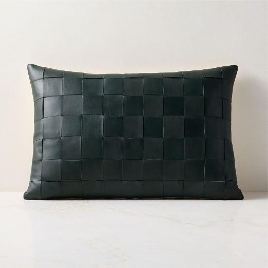 Dutton Handwoven Dark Green Leather Lumbar Pillow 22"x15"