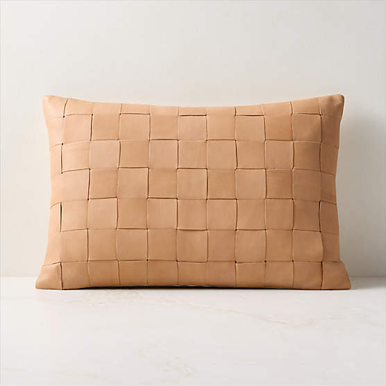 Dutton Handwoven Tan Leather Lumbar Pillow with Down-Alternative Insert 22"x15"