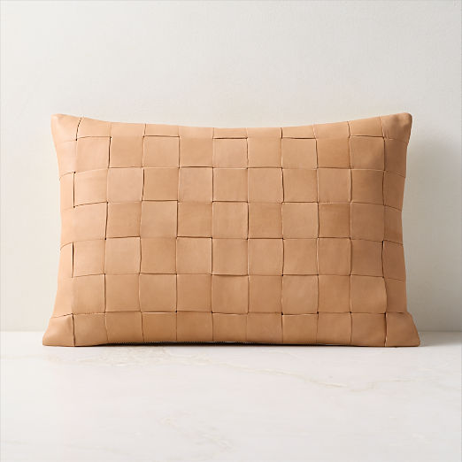 Dutton Handwoven Tan Leather Lumbar Pillow 22"x15"