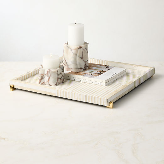 Eadie Square White Resin and Bone Decorative Tray 20"x20"