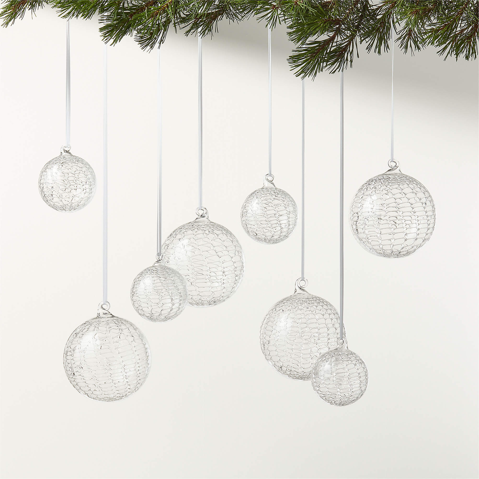 Eira Round Clear Laced Glass Christmas Tree Ornaments Set of 8 CB2