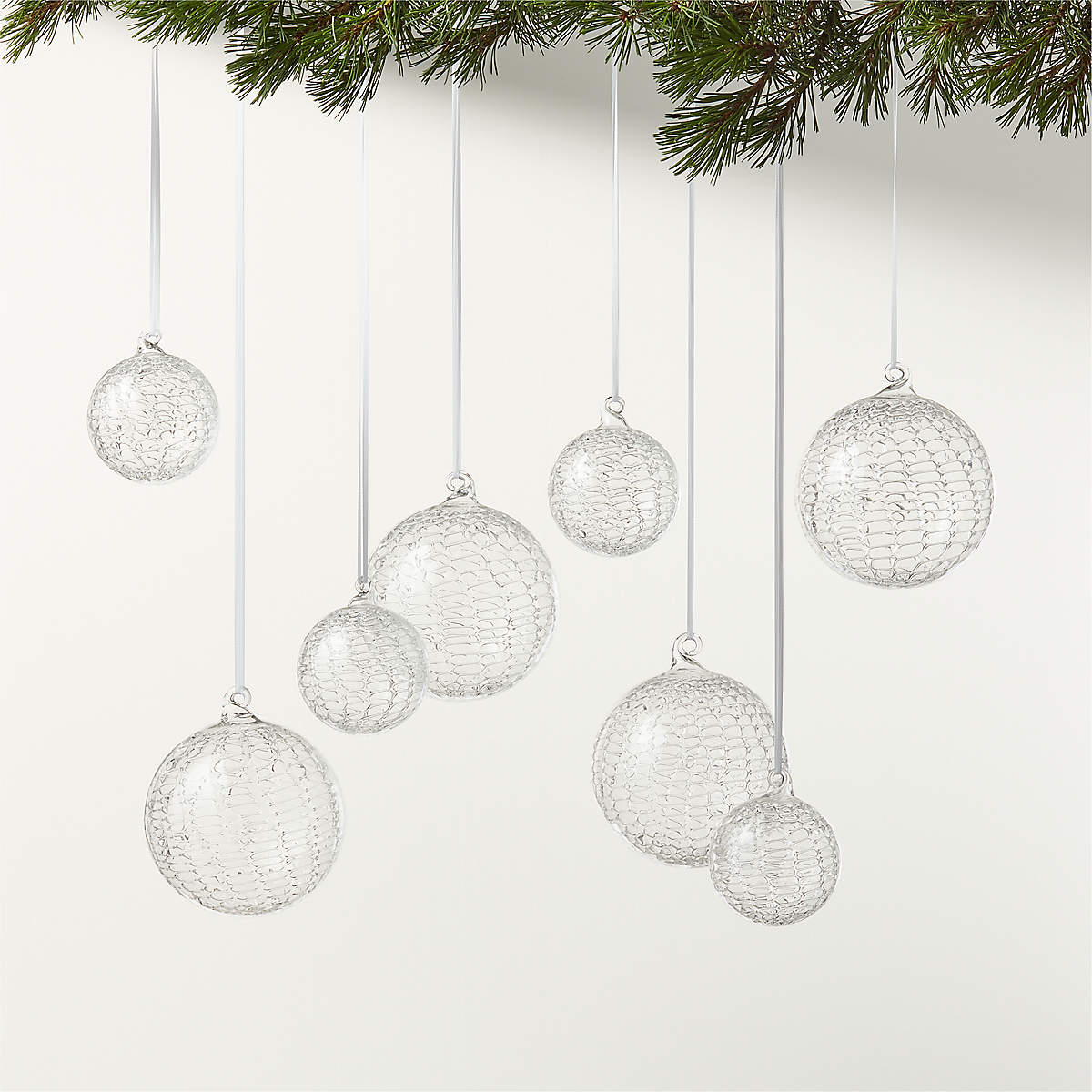 Eira Round Clear Laced Glass Christmas Tree Ornaments Set of 8 | CB2