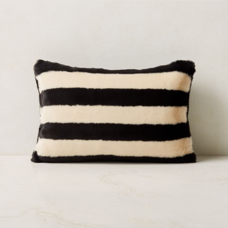 Elsie Black and White Striped FauxFur Modern Throw Pillow with Feather