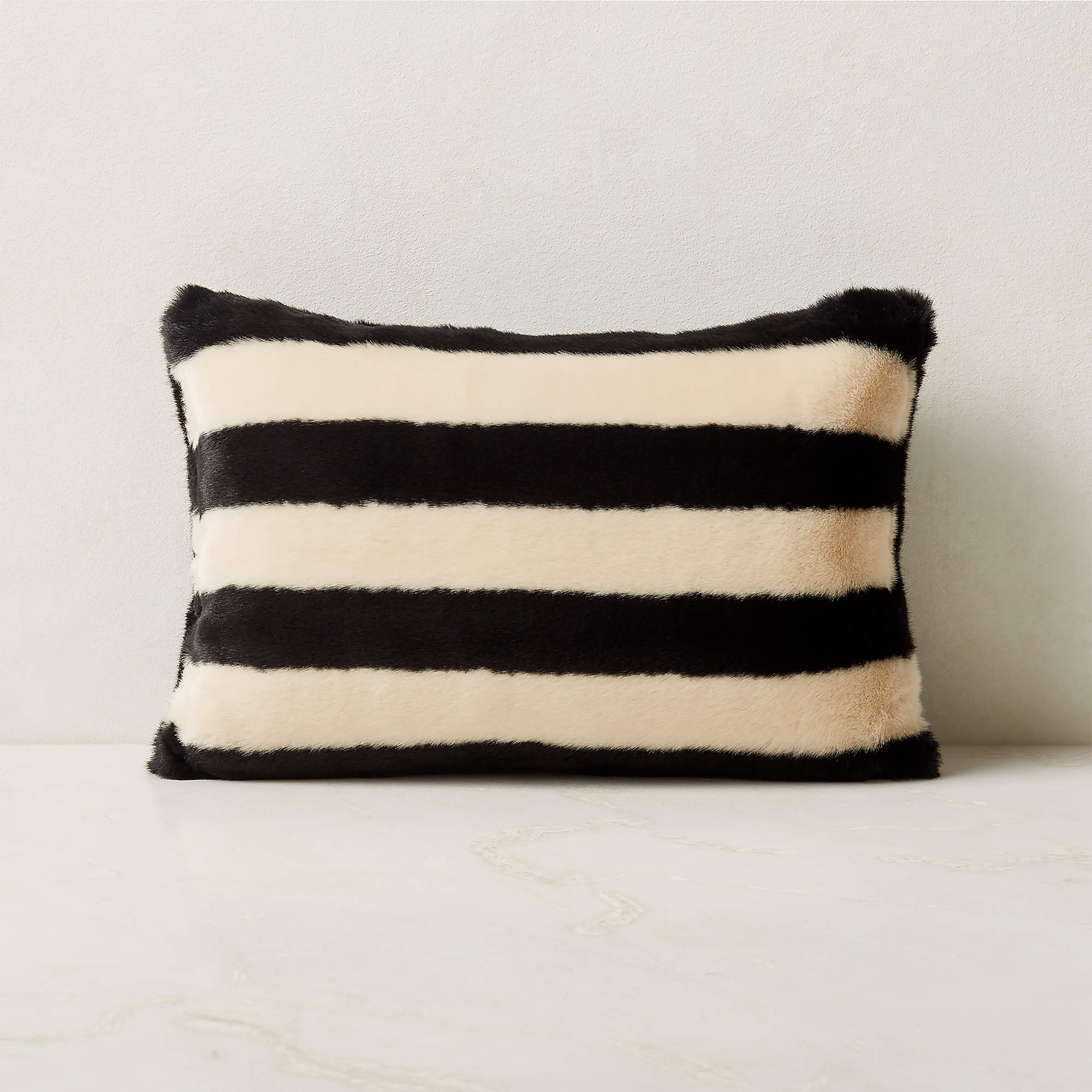 Elsie Black and White Striped FauxFur Modern Throw Pillow with Feather