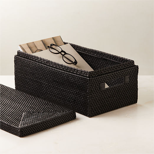 Emme Rectangular Woven Black Rattan Storage Basket