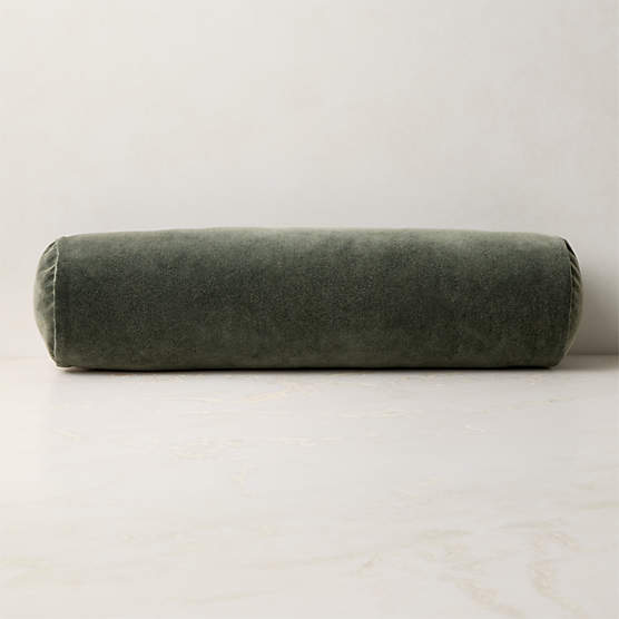 Encino Smoked Green Organic Cotton Stonewashed Velvet Bolster Throw Pillow 24"x6"