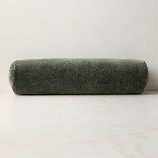 Encino Smoked Green Cotton Stonewashed Velvet Bolster Throw Pillow 24"x6"