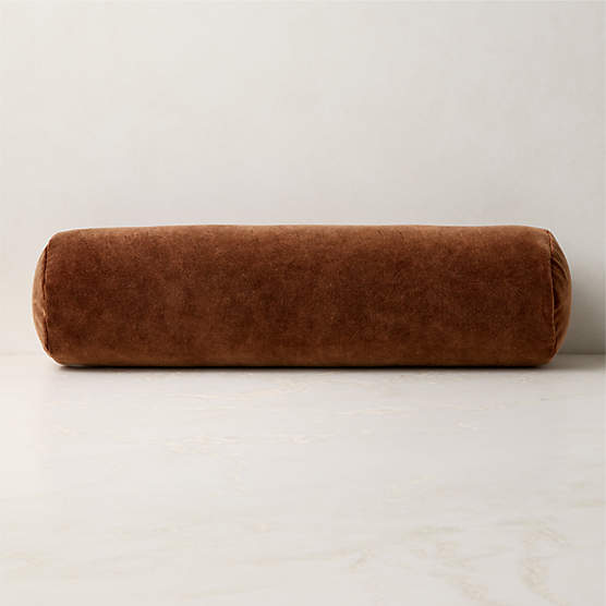 Encino Sienna Brown Organic Cotton Stonewashed Velvet Bolster Throw Pillow 24"x6"