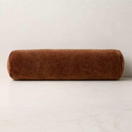 Encino Sienna Brown Cotton Stonewashed Velvet Bolster Throw Pillow 24"x6"