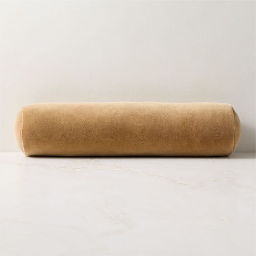 Encino Tan Cotton Stonewashed Velvet Bolster Throw Pillow 24"x6"