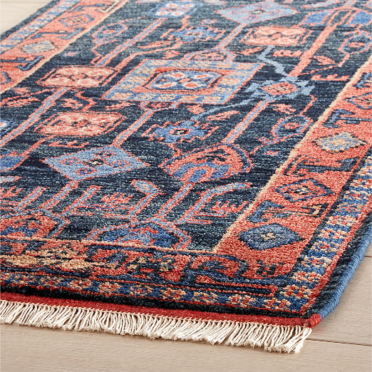 Eros Hand-Knotted Red and Blue Wool Runner Rug 2.5'x8'