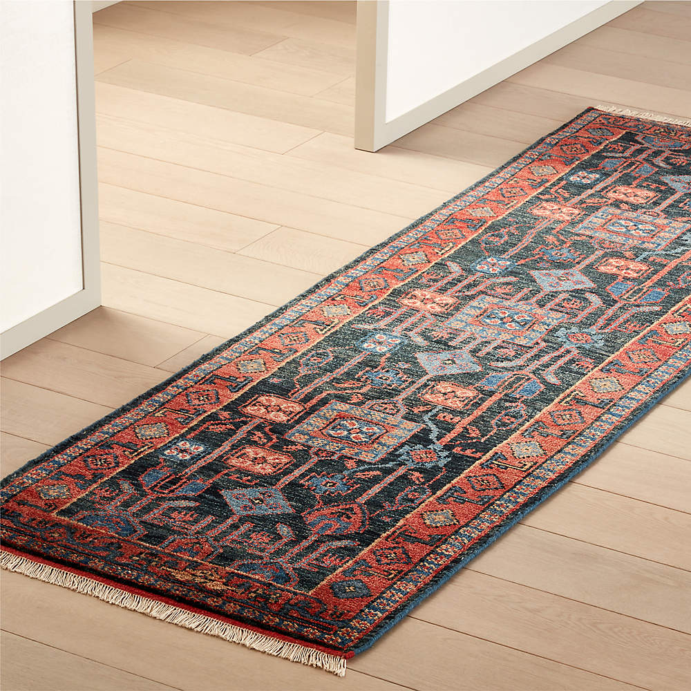 Eros Hand-Knotted Red and Blue Hallway Runner Rug 2.5'x8' +