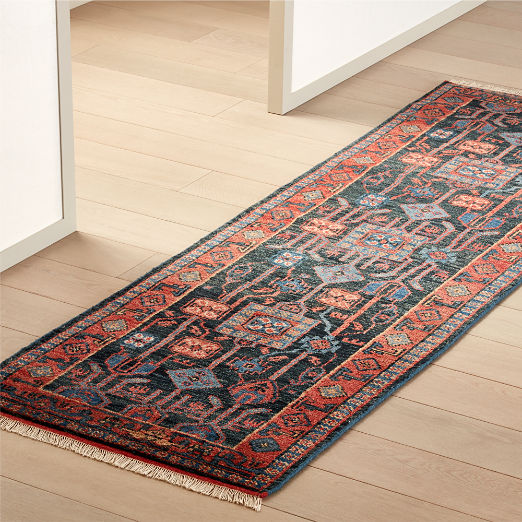 Eros Hand-Knotted Red and Blue Wool Runner Rug 2.5'x8'