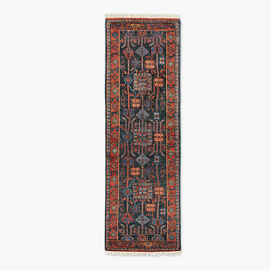 Eros Hand-Knotted Red and Blue Wool Runner Rug 2.5'x8'