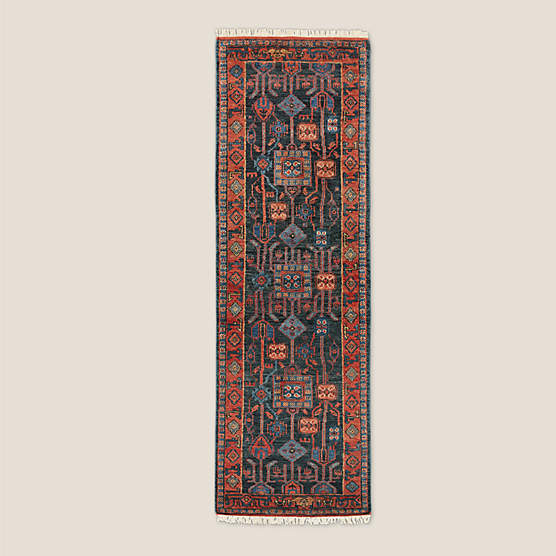 Eros Hand-Knotted Red and Blue Wool Runner Rug 2.5'x8'