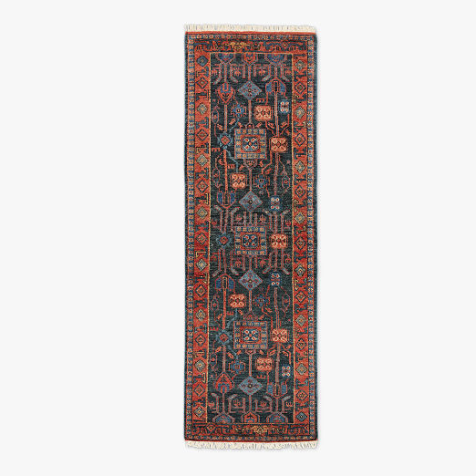 Eros Hand-Knotted Red and Blue Wool Runner Rug 2.5'x8'