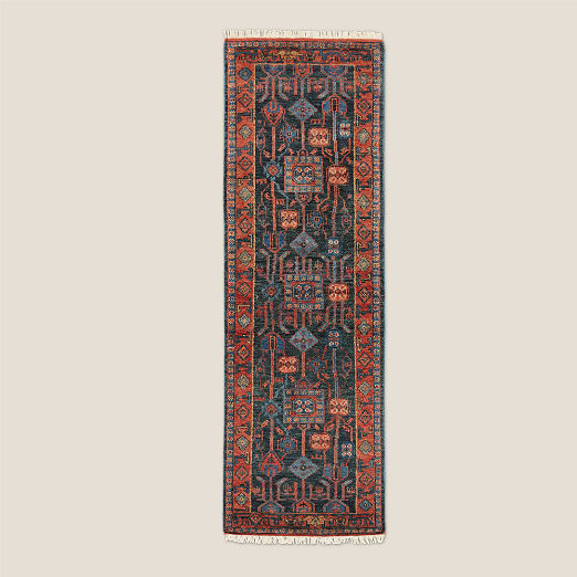 Eros Hand-Knotted Red and Blue Wool Runner Rug 2.5'x8'