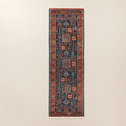 Eros Hand-Knotted Red and Blue Wool Runner Rug 2.5'x8'