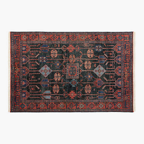 Eros Hand-Knotted Red and Blue Wool Area Rug 5'x8'