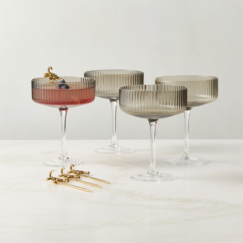 View Eve Smoked Coupe Glass with Scorpio Brass Cocktail Picks Set details
