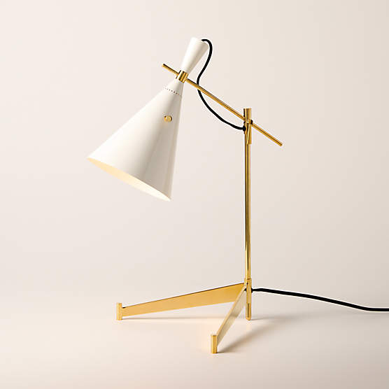 Exposior Unlacquered Brass Task Table Lamp with Warm White Shade Model E7 by Paul McCobb