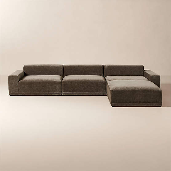 Faible 4-Piece Modular Grey Performance Velvet Deep Depth Sectional Sofa
