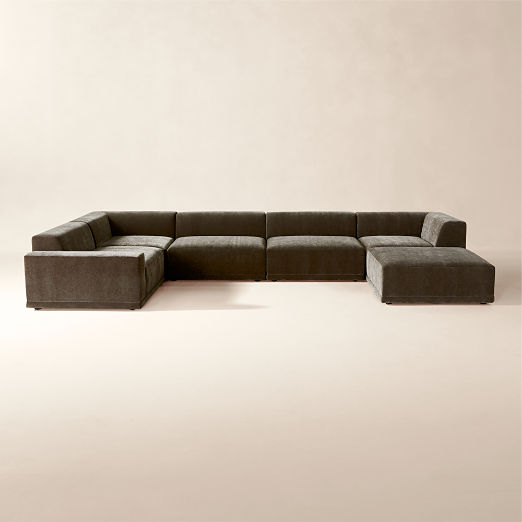 Faible 6-Piece U-Shaped Grey Performance Velvet Deep Depth Sectional Sofa with Left-Arm