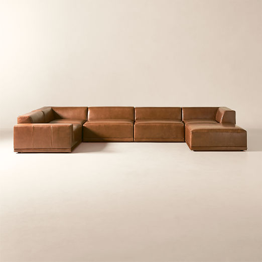 Faible 6-Piece U-Shaped Brown Leather Deep Depth Sectional Sofa with Left-Arm