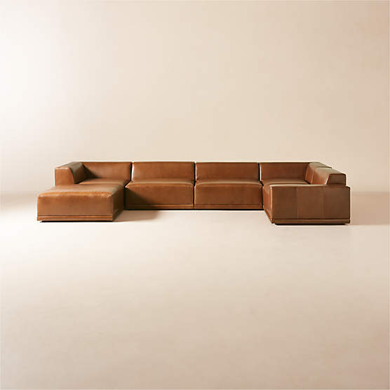 Faible 6-Piece U-Shaped Brown Leather Sectional Sofa with Right-Arm