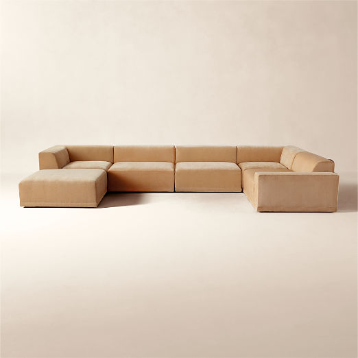 Faible 6-Piece U-Shaped Wheat Performance Velvet Deep Depth Sectional Sofa with Right-Arm