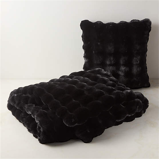 Farleigh Black Faux Fur Throw Pillow with Down-Alternative Insert and Throw Blanket Set