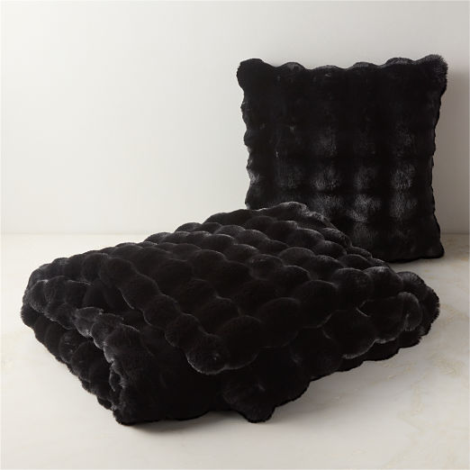 Farleigh Black Faux Fur Throw Pillow Cover and Throw Blanket Set