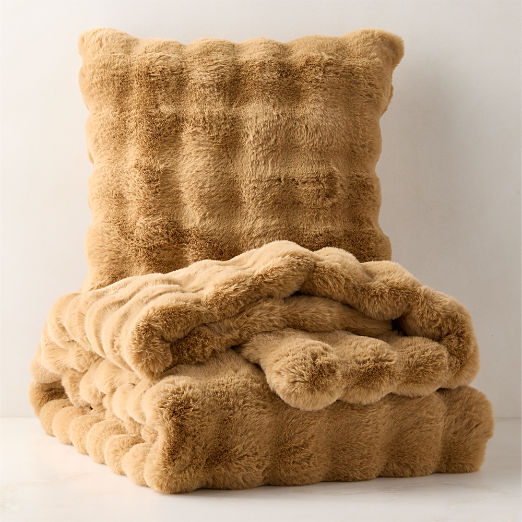 Farleigh Double-Sided Tan Faux Fur Throw Pillow And Throw Blanket Set