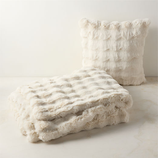 Farleigh Warm White Faux Fur Throw Pillow Cover and Throw Blanket Set
