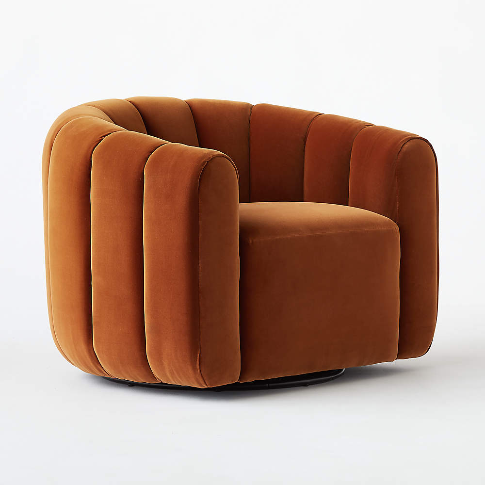 Fitz Modern Channeled Russet Velvet Swivel Chair + Reviews | CB2