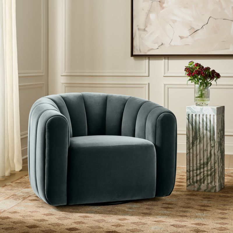 Fitz Channeled Denim Blue Velvet Swivel Chair - image 4 of 10