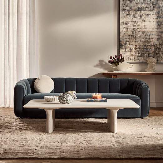 Fitz Channeled Denim Blue Velvet Sofa (72.5"-97.5")