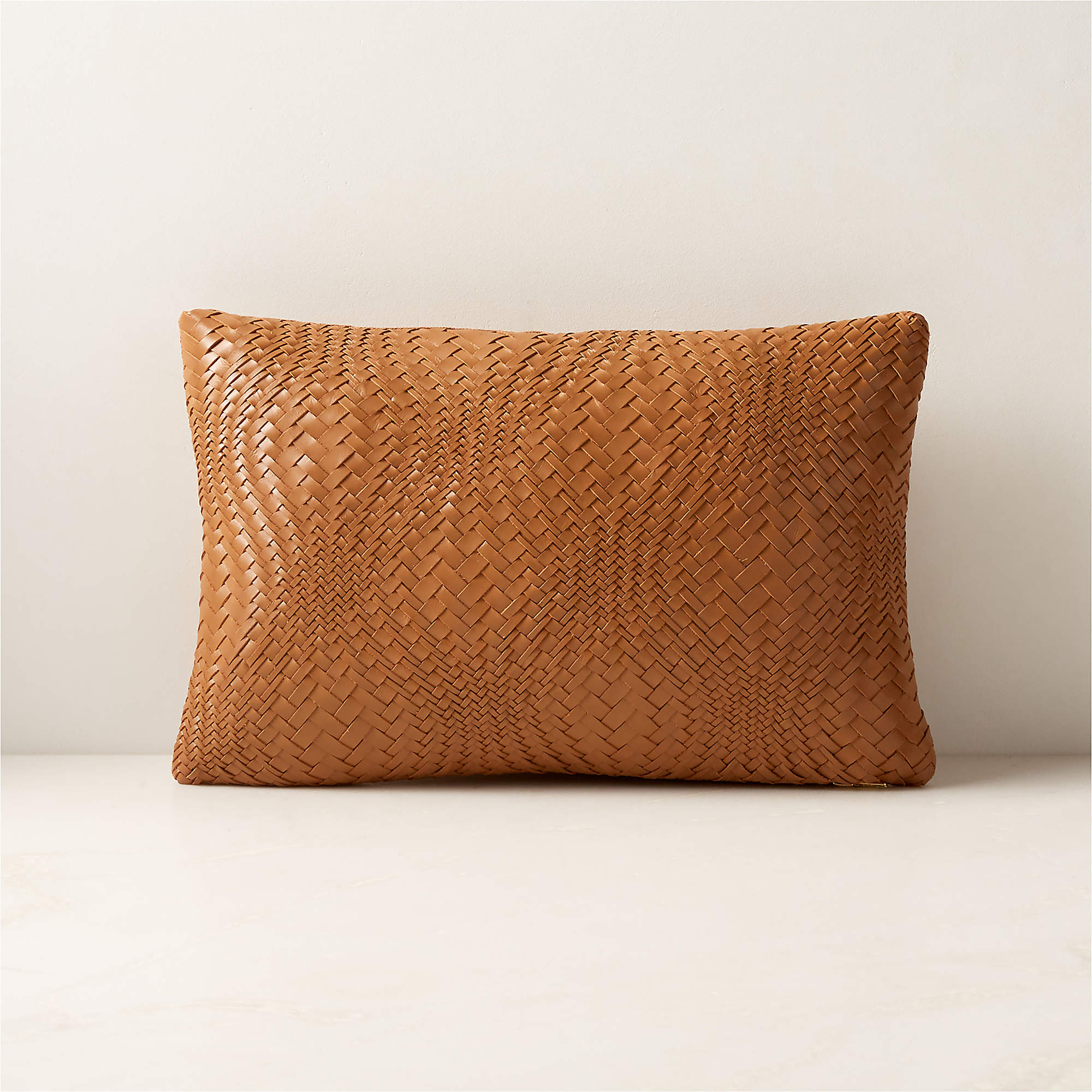 Flow Woven Brown Leather Throw Pillow with FeatherDown Insert 18''x12'' CB2