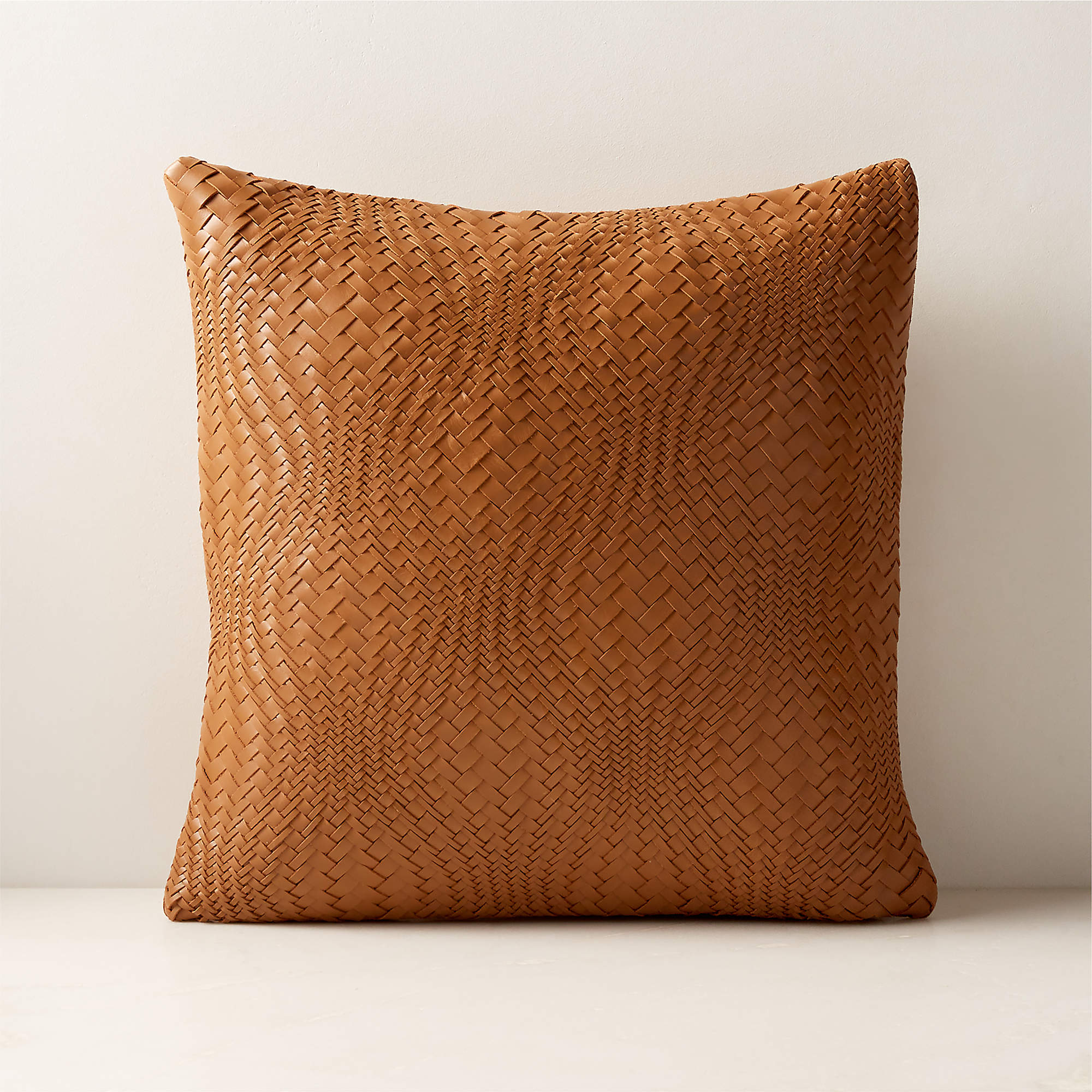 Flow Woven Brown Leather Throw Pillow with FeatherDown Insert 18'' CB2