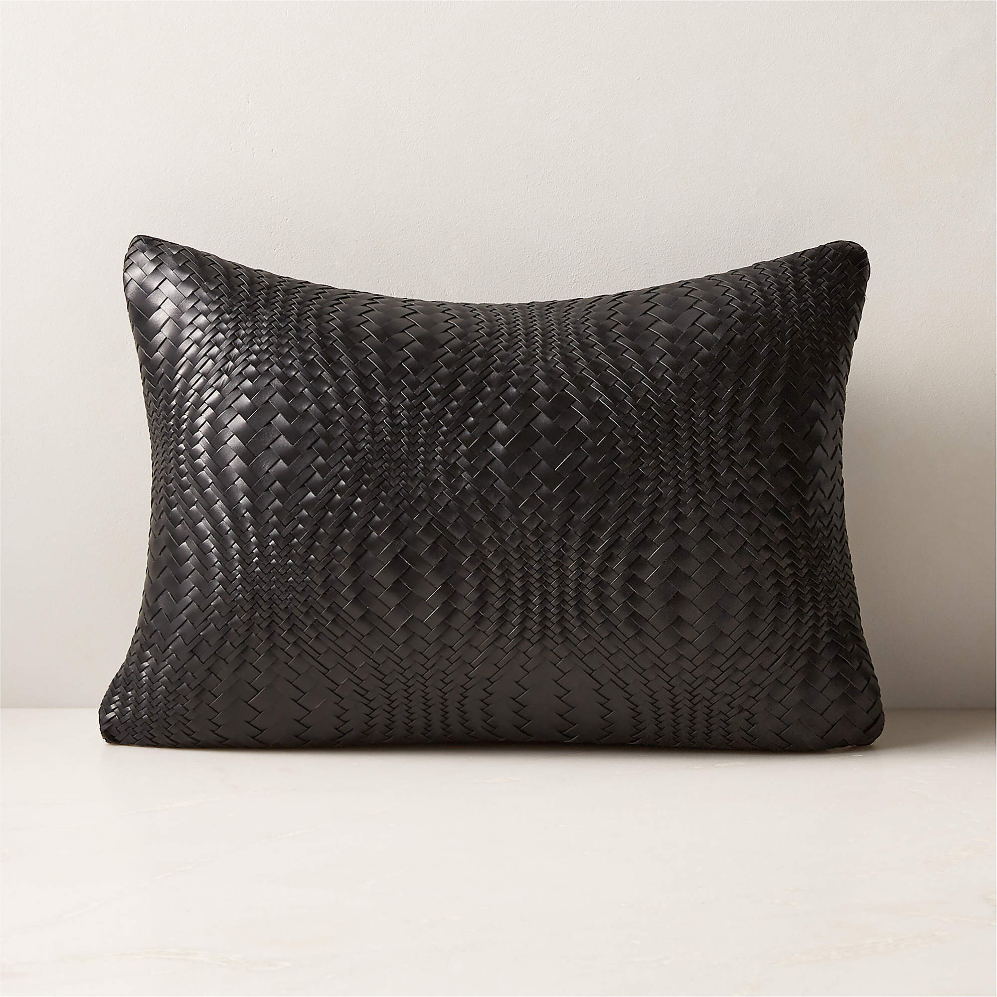 Flow Woven Black Leather Lumbar Pillow with FeatherDown Insert 18''x12