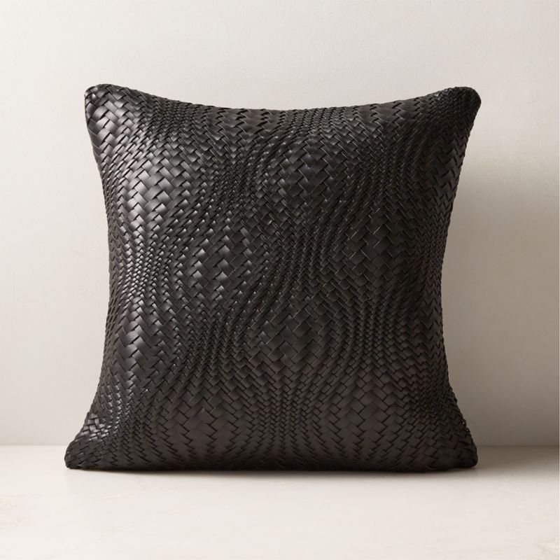 Flow Woven Black Leather Throw Pillow with Down Alternative Insert 18 CB2