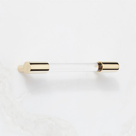 Flynn Polished Unlacquered Brass and Crystal Cabinet Handle 5"