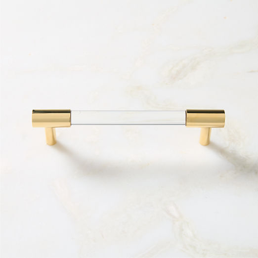 Flynn Polished Unlacquered Brass and Crystal Cabinet Handle 5"