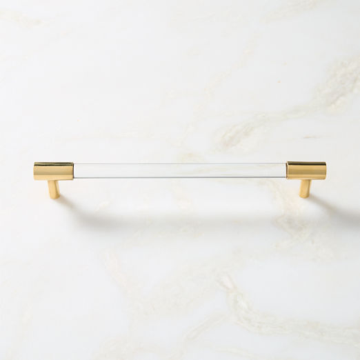 Flynn Polished Unlacquered Brass and Crystal Cabinet Handle 8"