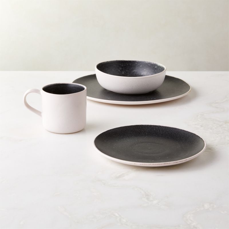 View Fynn Reactive Glaze 4-Piece Black and White Dinnerware Set with Soup Bowl details