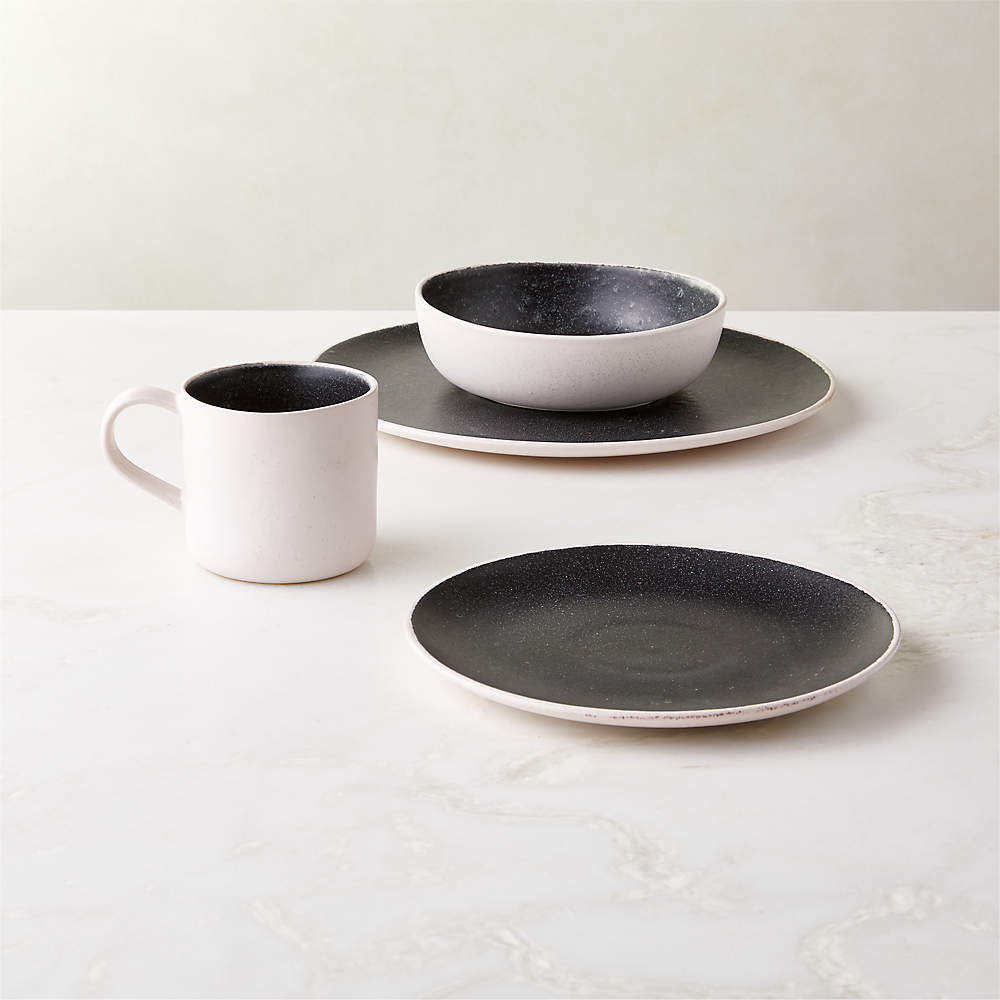 White and Black Splash Dinnerware Set, Stoneware Dinner Side Snack Plates,  Salad Soup Bowls, Serving Tableware, Modern Ceramic Art by Manya 