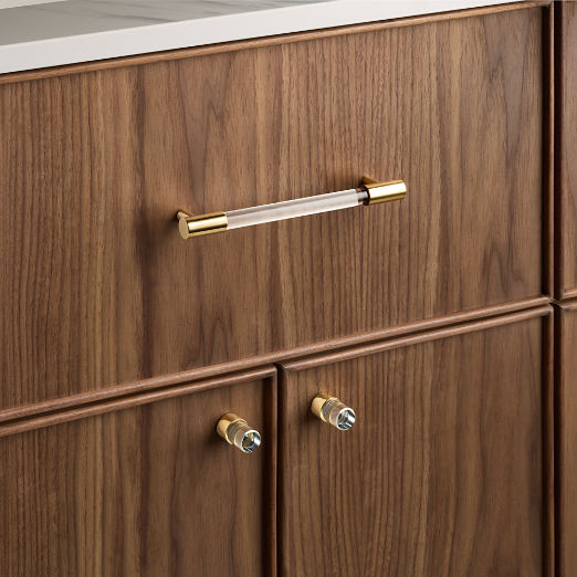Flynn Polished Unlacquered Brass and Crystal Cabinet Handles