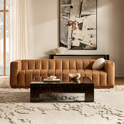 Forte 81" Channeled Saddle Leather Sofa with Walnut Base